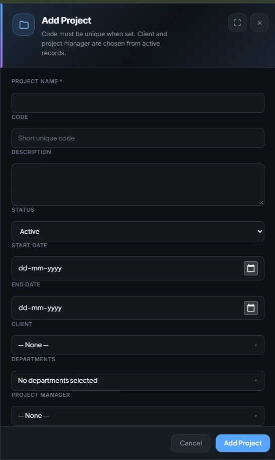 Add Project form in TaskPlus+