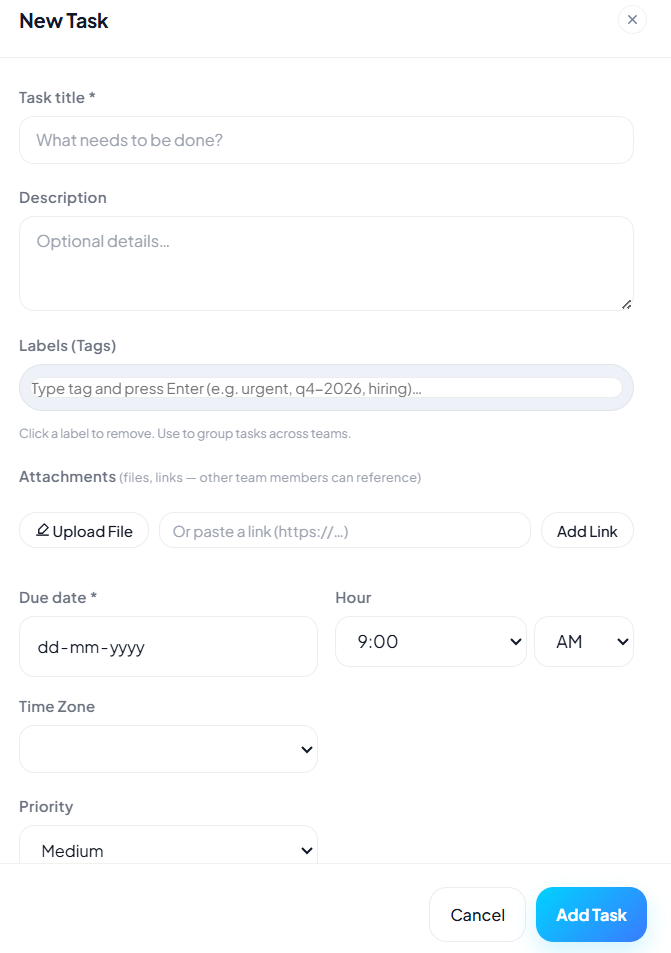 Task Plus new task creation form